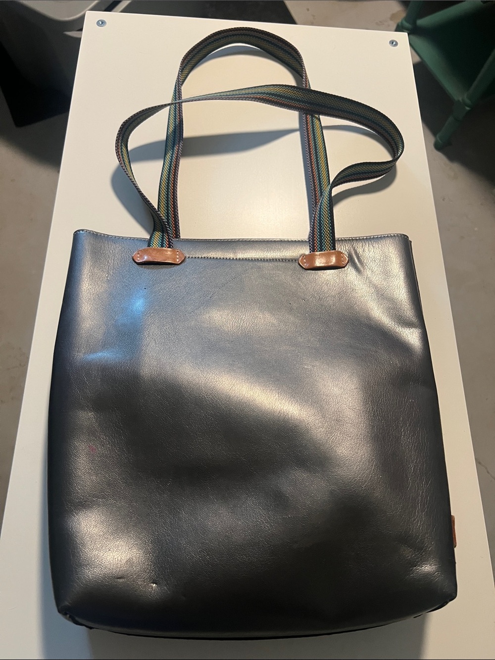 Consuela Black Leather Tote with Multicolor Webbing Straps